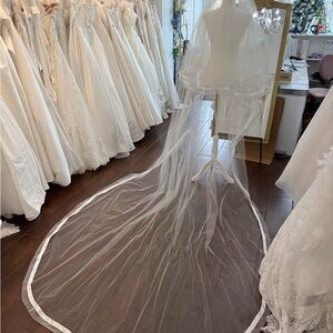 Long White Bridal Veil with Satin Trim